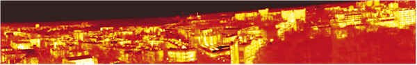 Fragment panoramy Łodzi widziany kamerą termowizyjną Inframetrics760